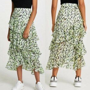 NWT River Island Floral Ruffle Skater Midi Skirt Light Green Size US 8  NWT